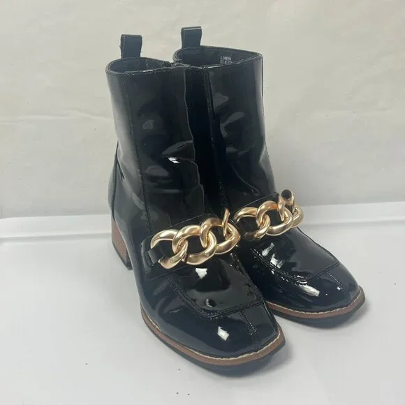 Steve Madden Girls Loreen Patent Leather Gold Chain Black Boots 3 - Picture 4 of 7
